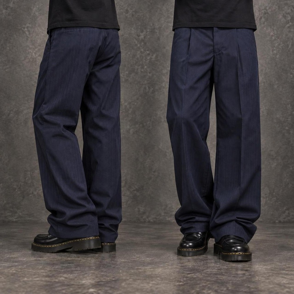 38x32 Navy Blue Pinstripe Pleated Baggy Wide Leg Dress Pants Men's